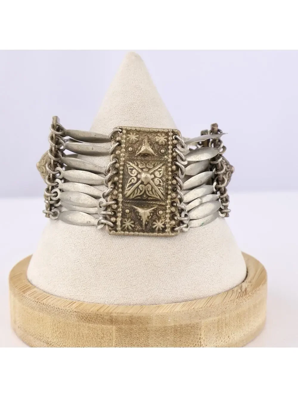 Vintage‎ Sterling Silver Mexico Panel Bracelet Wide Tribal Ethnic Link Cuff 8”